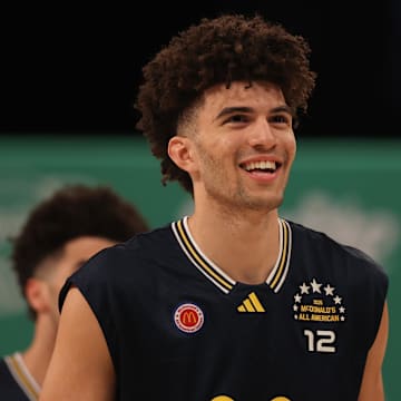 Mar 31, 2025; Brooklyn, New York, USA; McDonald’s All American East forward Cameron Boozer (12) stands on the court during the Sprite Jam Fest at Barclay's Center. Mandatory Credit: Pamela Smith-Imagn Images