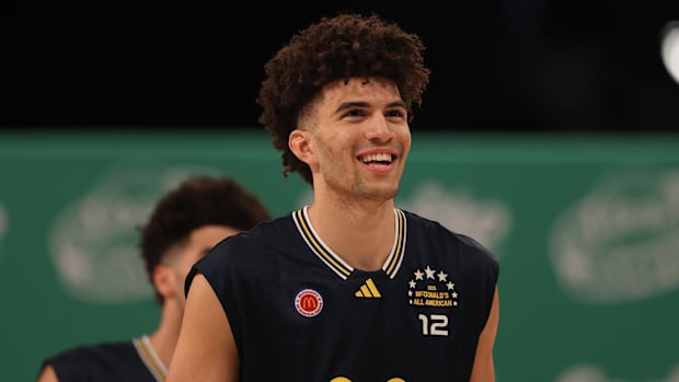 Mar 31, 2025; Brooklyn, New York, USA; McDonald’s All American East forward Cameron Boozer (12) stands on the court during t