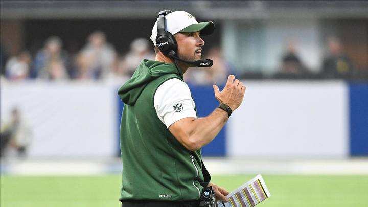 Aug 16, 2025; Indianapolis, Indiana, USA; Green Bay Packers head coach Matt LaFleur reacts to a call during the first half against the Indianapolis Colts at Lucas Oil Stadium. Mandatory Credit: Robert Goddin-Imagn Images