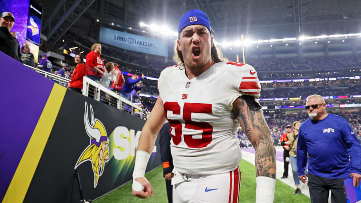 Jan 15, 2023; Minneapolis, Minnesota, USA; New York Giants center Nick Gates (65) reacts after winning a wild card game against the Minnesota Vikings at U.S. Bank Stadium.  