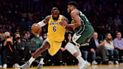 Los Angeles Lakers forward LeBron James and Milwaukee Bucks forward Giannis Antetokounmpo on Feb 8, 2022.