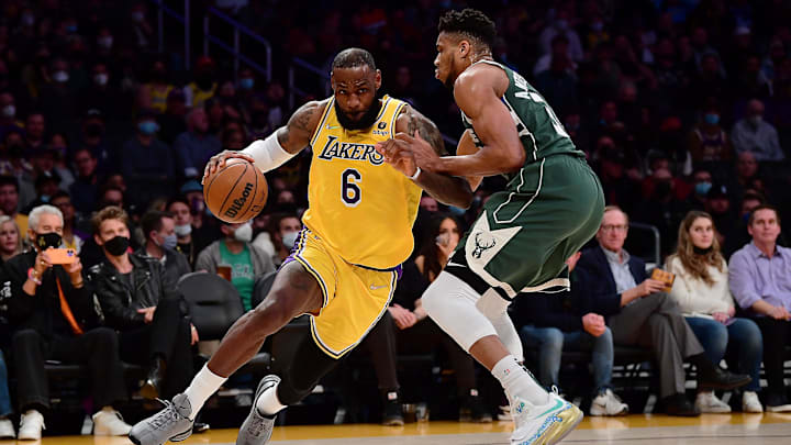 Los Angeles Lakers forward LeBron James and Milwaukee Bucks forward Giannis Antetokounmpo on Feb 8, 2022. Los Angeles Lakers forward LeBron James and Milwaukee Bucks forward Giannis Antetokounmpo on Feb 8, 2022.