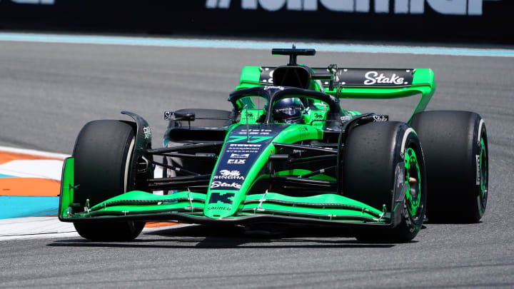 May 3, 2024; Miami Gardens, Florida, USA; Kick Sauber driver Valtteri Bottas (77) races into turn one during F1 practice at Miami International Autodrome. Mandatory Credit: John David Mercer-USA TODAY Sports