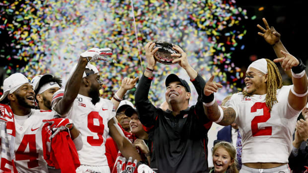 Ohio State celebrates its Big Ten championship game win over Wisconsin on Dec. 7.