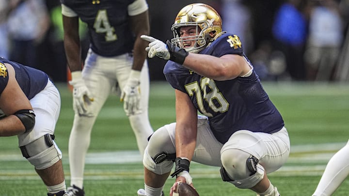Oct 19, 2024; Atlanta, Georgia, USA; Notre Dame Fighting Irish offensive lineman Pat Coogan (78) in action against the Georgia Tech Yellow Jackets at Mercedes-Benz Stadium. Oct 19, 2024; Atlanta, Georgia, USA; Notre Dame Fighting Irish offensive lineman Pat Coogan (78) in action against the Georgia Tech Yellow Jackets at Mercedes-Benz Stadium.
