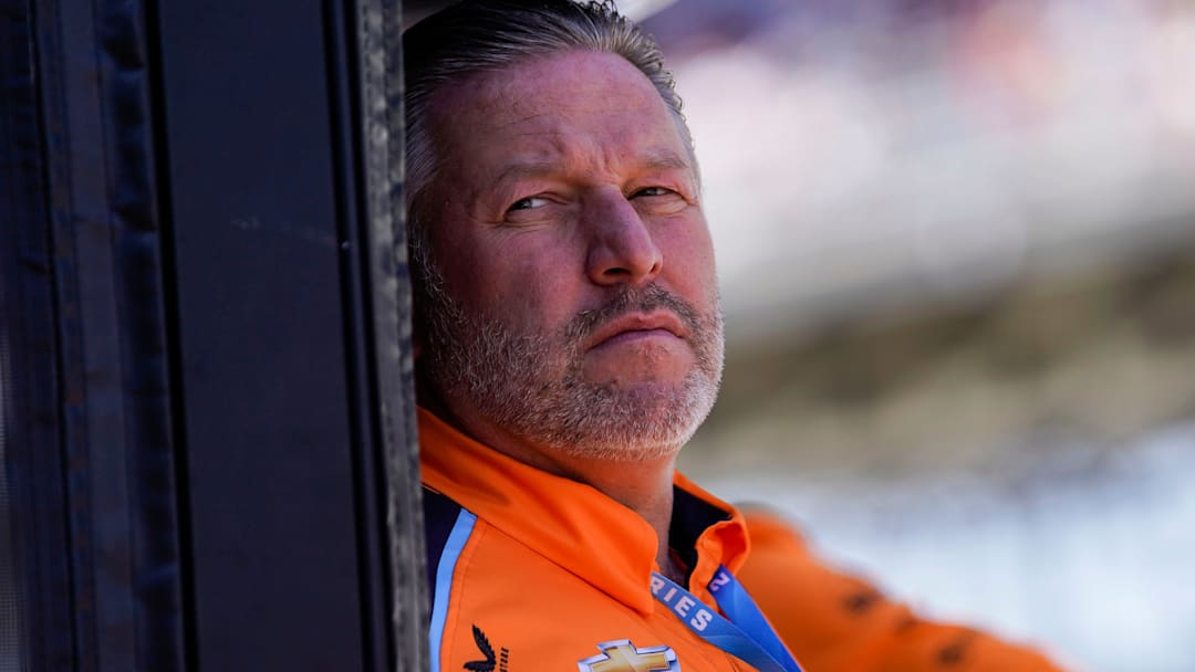 Chief Executive Officer of the McLaren Zak Brown stands in Arrow McLaren SP driver Felix Rosenqvist (6) pit box Friday, May 26, 2023, during Carb Day ahead of the 107th running of the Indianapolis 500 at Indianapolis Motor Speedway.