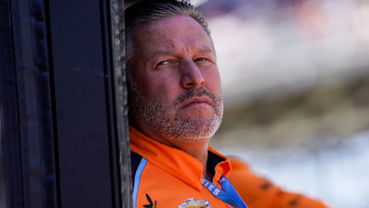 Chief Executive Officer of the McLaren Zak Brown stands in Arrow McLaren SP driver Felix Rosenqvist (6) pit box Friday, May 26, 2023, during Carb Day ahead of the 107th running of the Indianapolis 500 at Indianapolis Motor Speedway.