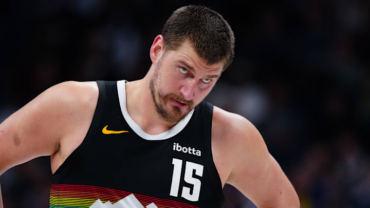 Mar 6, 2026; Denver, Colorado, USA; Denver Nuggets center Nikola Jokic (15) during the second quarter against the New York Knicks at Ball Arena. Mandatory Credit: Ron Chenoy-Imagn Images