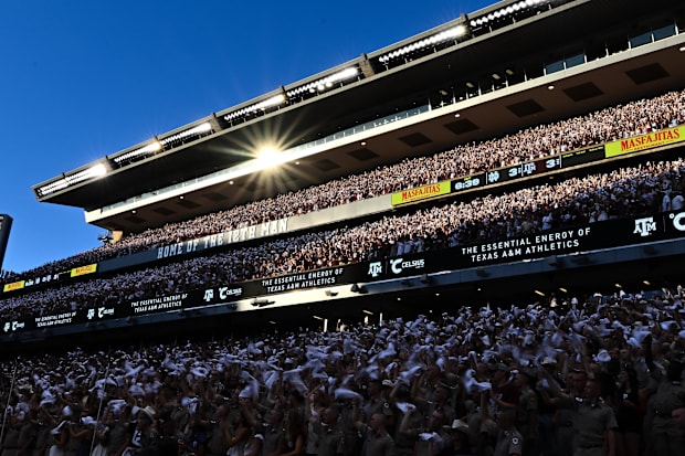 A general view of fans cheering during the first half of the game between the Texas A&M Aggies and the Notre Dame.