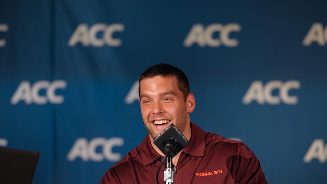 Jul 21, 2013; Greensboro, NC, USA; Virginia Tech Hookies linebacker Jack Tyler address the media during the ACC Kickoff Day at the Grandover Resort. Mandatory Credit: Sam Sharpe-Imagn Images
