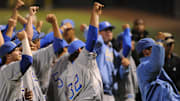 June 9, 2012; Los Angeles, CA, USA;  UCLA Bruins celebrate after defeating the TCU Horned Frogs 4-1 in game two of the Los Angeles super regional at Jackie Robinson Stadium. UCLA earned a trip to the college world series with the win. Mandatory Credit: Jayne Kamin-Oncea-Imagn Images