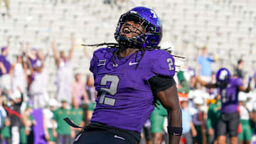 Oct 18, 2025; Fort Worth, Texas, USA; TCU Horned Frogs running back Kevorian Barnes (2) reacts after scoring a touchdown Baylor Bears during the second half of a game at Amon G. Carter Stadium. Mandatory Credit: Raymond Carlin III-Imagn Images