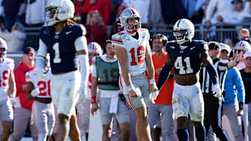 Ohio State quarterback Will Howard (18) reacts after running for a first down against Penn State during their game at Beaver Stadium in University Park, Pa. on Saturday, Nov. 2, 2024.