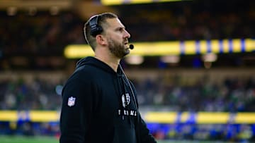 Nov 24, 2024; Inglewood, California, USA; Philadelphia Eagles head coach head coach Nick Sirianni watches game action against the Los Angeles Rams during the second half at SoFi Stadium. Mandatory Credit: Gary A. Vasquez-Imagn Images