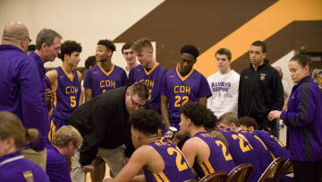 Cretin-Derham Hall coach Jerry Kline Jr. talks to the team during a time out in the second half against Stevens at Apple Valley High School in Apple Valley, Minn., on Jan. 28, 2017.