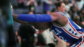 Nov 2, 2016; Charlotte, NC, USA;  Philadelphia 76ers guard Gerald Henderson (12) warms up and stretches before the first half of the game against the Charlotte Hornets at the Spectrum Center. Mandatory Credit: Sam Sharpe-Imagn Images