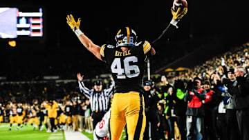 Nov 25, 2016; Iowa City, IA, USA; Iowa Hawkeyes tight end George Kittle (46) celebrates after a touchdown catch during the second half against the Nebraska Cornhuskers at Kinnick Stadium. Mandatory Credit: Jeffrey Becker-Imagn Images