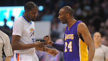 Apr 11, 2016; Oklahoma City, OK, USA; Oklahoma City Thunder forward Kevin Durant (35) greets Los Angeles Lakers forward Kobe Bryant (24) prior to the game at Chesapeake Energy Arena. Mandatory Credit: Mark D. Smith-Imagn Images