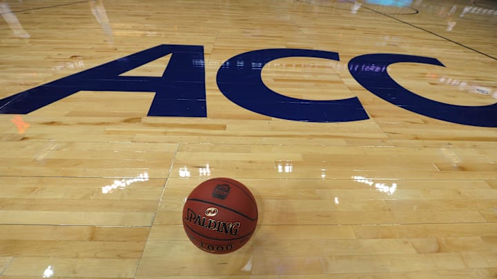 Mar 9, 2012; Atlanta, GA, USA;  The ACC logo and game ball as seen on the floor prior to the start of the quarter-final game between the North Carolina Tar Heels and the Maryland Terrapins in the 2012 ACC Men's Basketball Tournament at Philips Arena. Mandatory Credit: Bob Donnan-Imagn Images