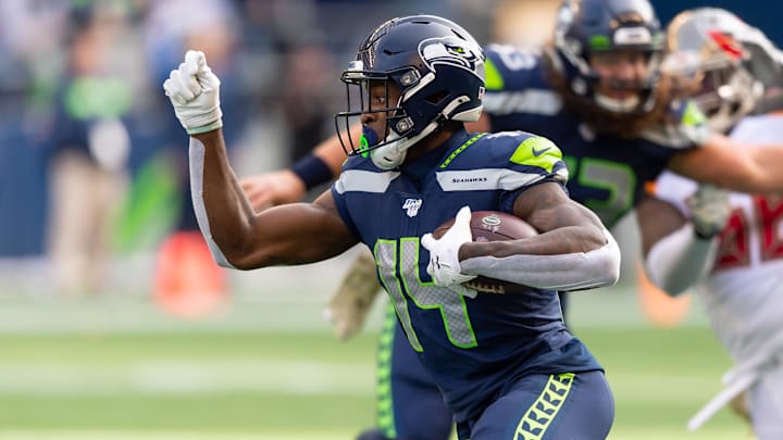 Nov 3, 2019; Seattle, WA, USA; Seattle Seahawks wide receiver D.K. Metcalf (14) during the first half at CenturyLink Field. Seattle defeated Tampa Bay 40-34. Mandatory Credit: Steven Bisig-Imagn Images