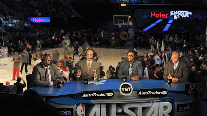Feb 25, 2012; Orlando, FL, USA;  Shaquille O'Neal (left), Ernie Johnson (lc), Chris Weber (rc), and Charles Barkley (right) on the TNT set at the 2012 NBA All-Star Shooting Stars competition at the Amway Center. Mandatory Credit: Bob Donnan-Imagn Images