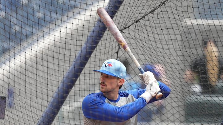 Toronto Blue Jays second base Cavan Biggio (8) gets set for batting practice before a game against the Tampa Bay Rays at Rogers Centre on May 18.