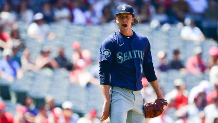 Seattle Mariners pitcher Logan Gilbert (36) reacts after striking out Los Angeles Angels catcher Logan O'Hoppe (14) to end the fifth inning at Angel Stadium on July 14.