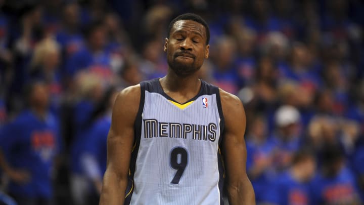 May 3, 2014; Oklahoma City, OK, USA; Memphis Grizzlies guard Tony Allen (9) reacts to a call in action against the Oklahoma City Thunder in game seven of the first round of the 2014 NBA Playoffs at Chesapeake Energy Arena. Mandatory Credit: Mark D. Smith-USA TODAY Sports