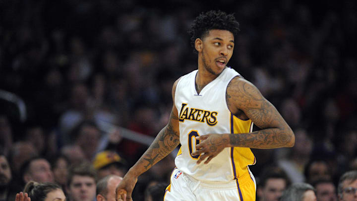 March 5, 2017; Los Angeles, CA, USA; Los Angeles Lakers guard Nick Young (0) reacts after scoring a three point basket against the New Orleans Pelicans during the first half at Staples Center. 