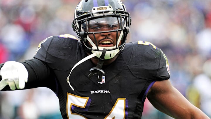 Baltimore Ravens linebacker Zachary Orr (54) reacts after an interception in the first quarter against the Philadelphia Eagles at M&T Bank Stadium. 