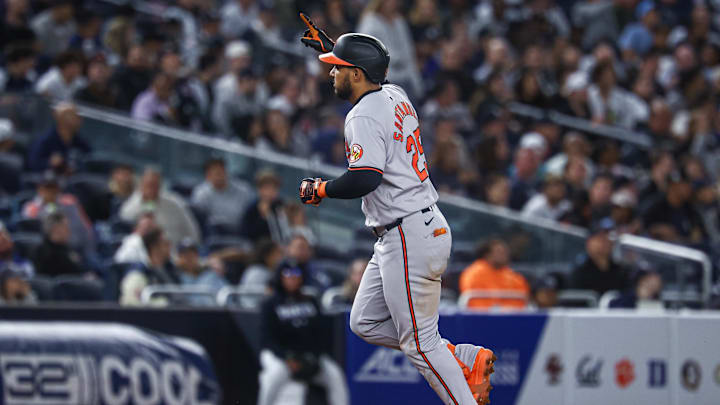 Sep 24, 2024; Bronx, New York, USA; Baltimore Orioles right fielder Anthony Santander (25) runs the bases after hitting a solo home run during the sixth inning against the New York Yankees at Yankee Stadium. 
