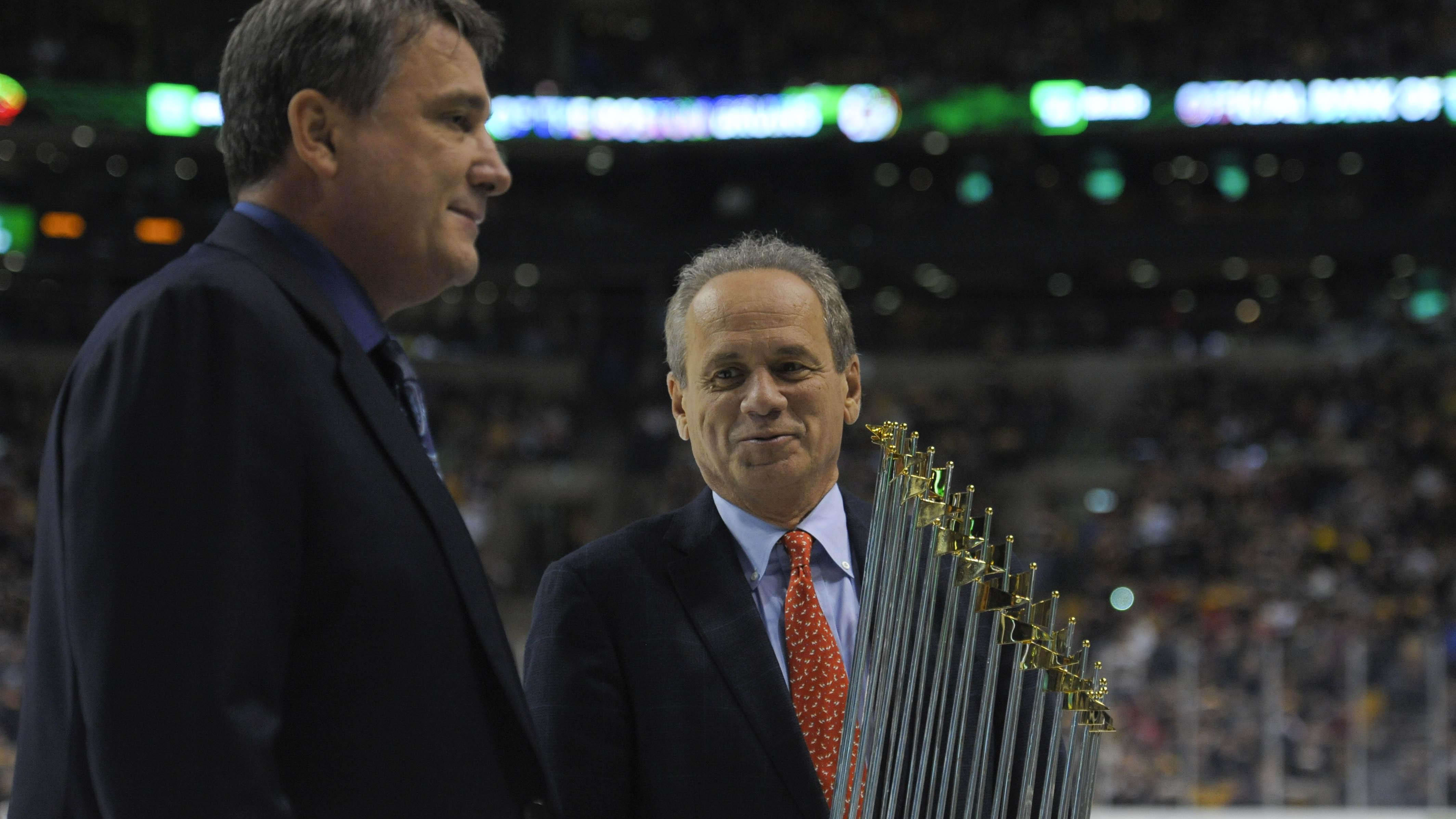 Oct 31, 2013; Boston, MA, USA; Boston Bruins president Cam Neely (left) with Boston Red Sox president Larry Lucchino.