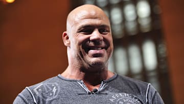 May 15, 2013; New York, NY, USA; 1996 Olympic gold medalist Kurt Angle attends the wrestling meet between Iran and USA at Grand Central Terminal. Iran won the meet 18-8. Mandatory Credit: Joe Camporeale-Imagn Images