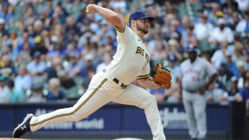 Sep 21, 2022; Milwaukee, Wisconsin, USA;  Milwaukee Brewers starting pitcher Adrian Houser (37) delivers a pitch against the New York Mets in the fourth inning at American Family Field. Mandatory Credit: Michael McLoone-USA TODAY Sports