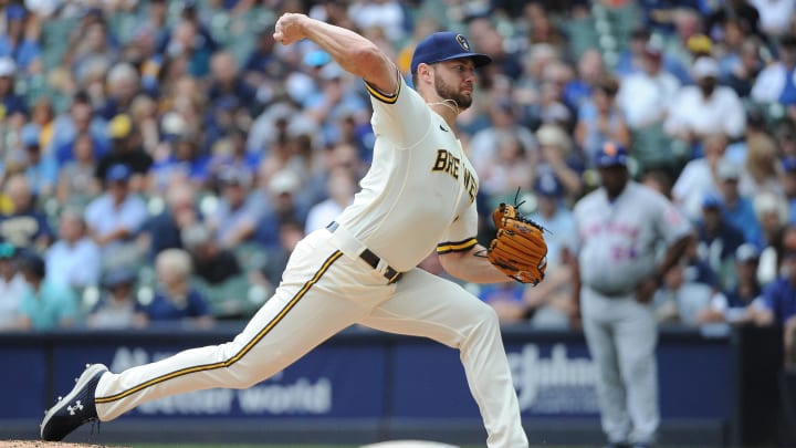 Sep 21, 2022; Milwaukee, Wisconsin, USA;  Milwaukee Brewers starting pitcher Adrian Houser (37) delivers a pitch against the New York Mets in the fourth inning at American Family Field. Mandatory Credit: Michael McLoone-USA TODAY Sports