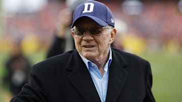 Dallas Cowboys owner Jerry Jones walks off the field after warmups prior to the game against the Washington Commanders at FedExField.