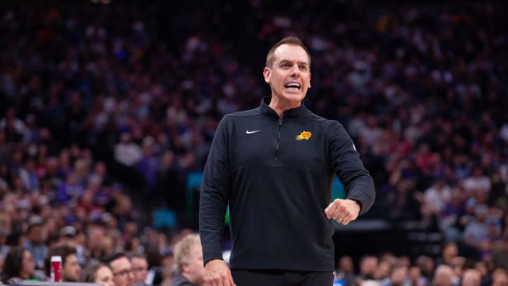 Apr 12, 2024; Sacramento, California, USA; Phoenix Suns head coach Frank Vogel reacts to a call