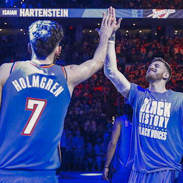 Feb 7, 2025; Oklahoma City, Oklahoma, USA; Oklahoma City Thunder center Isaiah Hartenstein (55) high fives forward Chet Holmgren (7) during introductions before the start of a game against the Toronto Raptors during the second half at Paycom Center. Mandatory Credit: Alonzo Adams-Imagn Images