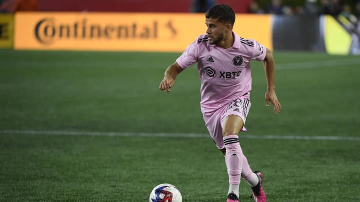 Jun 10, 2023; Foxborough, Massachusetts, USA;  Inter Miami midfielder Edison Azcona (28) plays the ball against the New England Revolution at Gillette Stadium. Mandatory Credit: Bob DeChiara-USA TODAY Sports