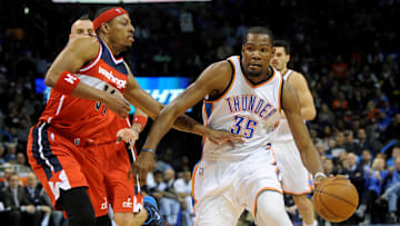 Jan 2, 2015; Oklahoma City, OK, USA: Oklahoma City Thunder forward Kevin Durant (35) drives to the basket against Washington Wizards forward Paul Pierce (34) during the fourth quarter at Chesapeake Energy Arena. Mandatory Credit: Mark D. Smith-Imagn Images