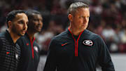 Feb 1, 2025; Tuscaloosa, Alabama, USA; Georgia Bulldogs head coach Mike White looks on during the first half against the Alabama Crimson Tide at Coleman Coliseum. Mandatory Credit: Will McLelland-Imagn Images
