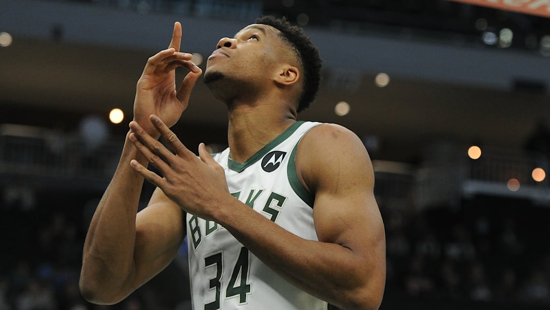 Bucks forward Giannis Antetokounmpo (34) does his pregame ritual before the start of their game with Oklahoma City Thunder at Fiserv Forum. Bucks forward Giannis Antetokounmpo (34) does his pregame ritual before the start of their game with Oklahoma City Thunder at Fiserv Forum.