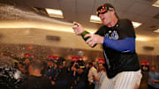 Oct 9, 2024; New York, New York, USA; New York Mets first baseman Pete Alonso (20) celebrates in the clubhouse after defeating the Philadelphia Phillies in game four of the NLDS for the 2024 MLB Playoffs at Citi Field. 