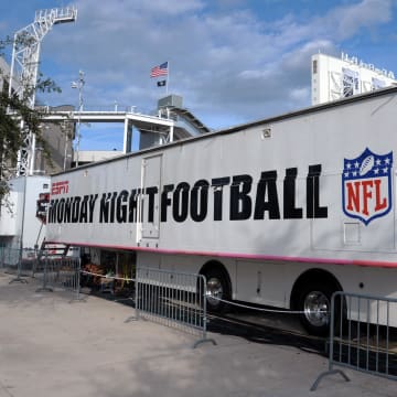 Dec 5, 2011; Jacksonville, FL, USA; ESPN Monday Night Football trucks outside of EverBank Field