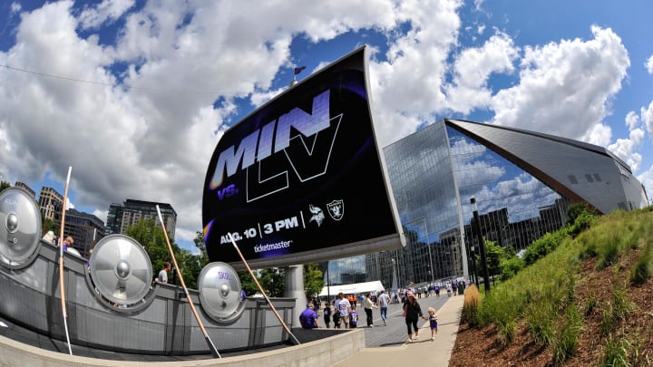 Aug 10, 2024; Minneapolis, Minnesota, USA;  A general view outside of U.S. Bank Stadium before the game between the Minnesota Vikings and the Las Vegas Raiders. Mandatory Credit: Jeffrey Becker-USA TODAY Sports