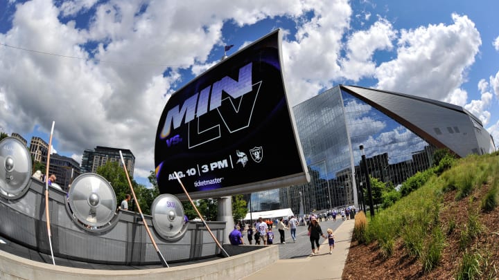 Aug 10, 2024; Minneapolis, Minnesota, USA;  A general view outside of U.S. Bank Stadium before the game between the Minnesota Vikings and the Las Vegas Raiders.