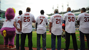 Jun 19, 2015; Cleveland, OH, USA; Cleveland Indians former members Charlie Nagy, Jim Thome, Kenny Lofton, Mike Hargrove, Julian Tavarez and Chad Ogea during a pre-game celebration for the 1995 Indians team before the game between the Cleveland Indians and the Tampa Bay Rays at Progressive Field. 
