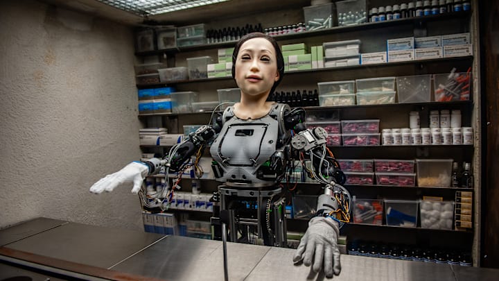 A human-looking robot is seen selling fake medicaments to be...