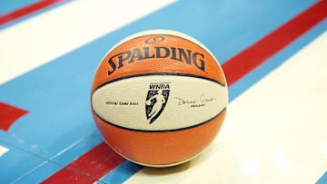August 1, 2010; Atlanta, GA, USA; The official WNBA basketball rests on the court during a timeout in the game between the Atlanta Dream and the Indiana Fever in the second half at Philips Arena. The Dream defeated the Fever 90-74. Mandatory Credit: Dale Zanine-Imagn Images