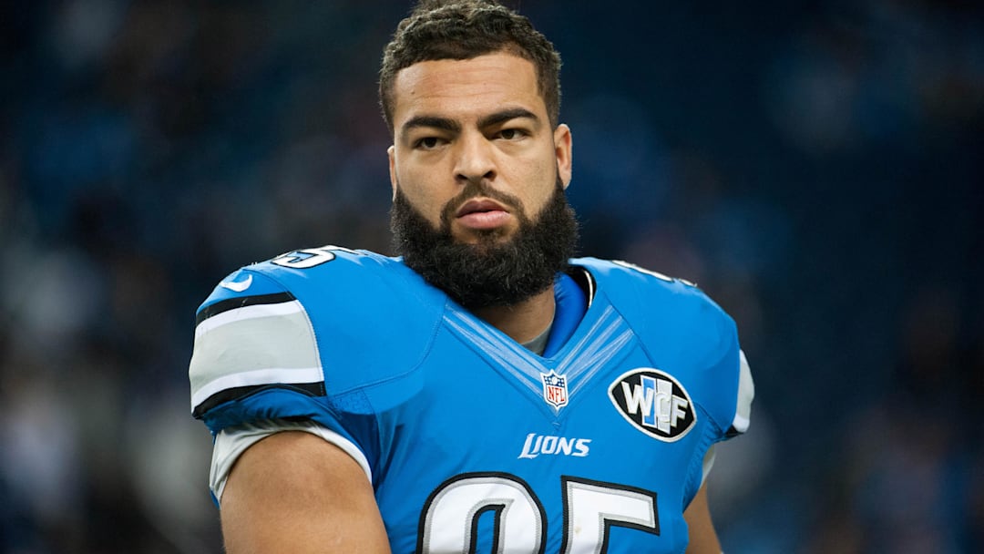 Nov 9, 2014; Detroit, MI, USA; Detroit Lions outside linebacker Kyle Van Noy (95) before the game against the Miami Dolphins at Ford Field. Manda